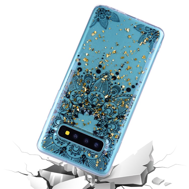 Glitter Sequins Inlaid Patterned TPU Phone Cover for Samsung Galaxy S10 - Black Flower-5