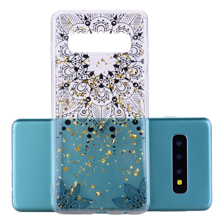 Glitter Sequins Inlaid Patterned TPU Phone Cover for Samsung Galaxy S10 - Black Flower-7