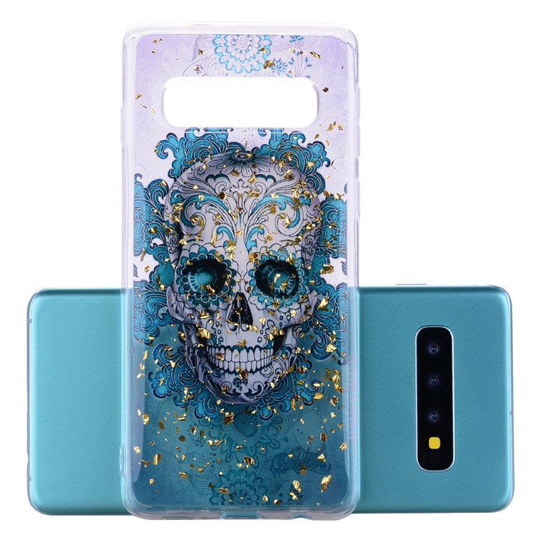 Glitter Sequins Inlaid Patterned TPU Phone Cover for Samsung Galaxy S10 - Skull-2