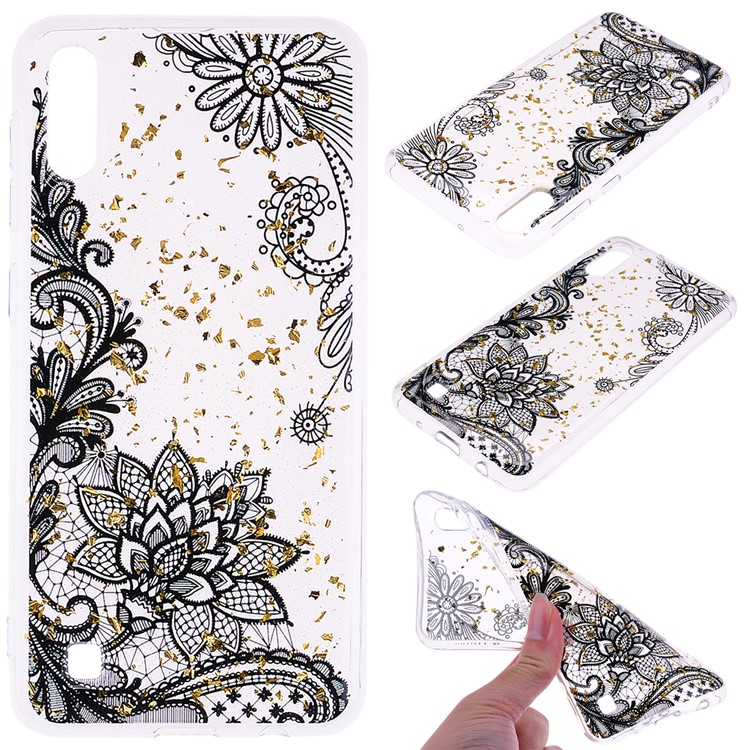 Glitter Sequins Inlaid Patterned TPU Phone Cover for Samsung Galaxy A10 - Black Lace-1