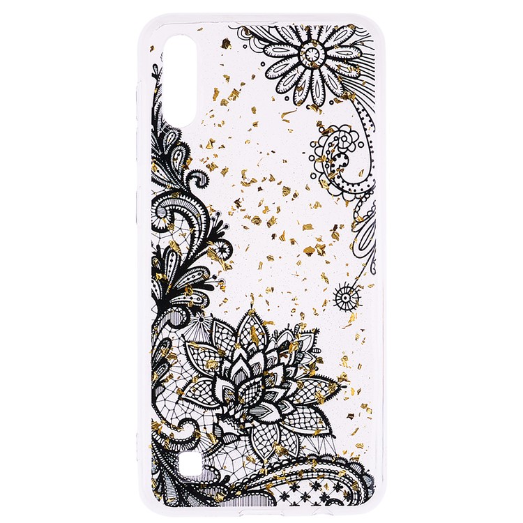 Glitter Sequins Inlaid Patterned TPU Phone Cover for Samsung Galaxy A10 - Black Lace-2
