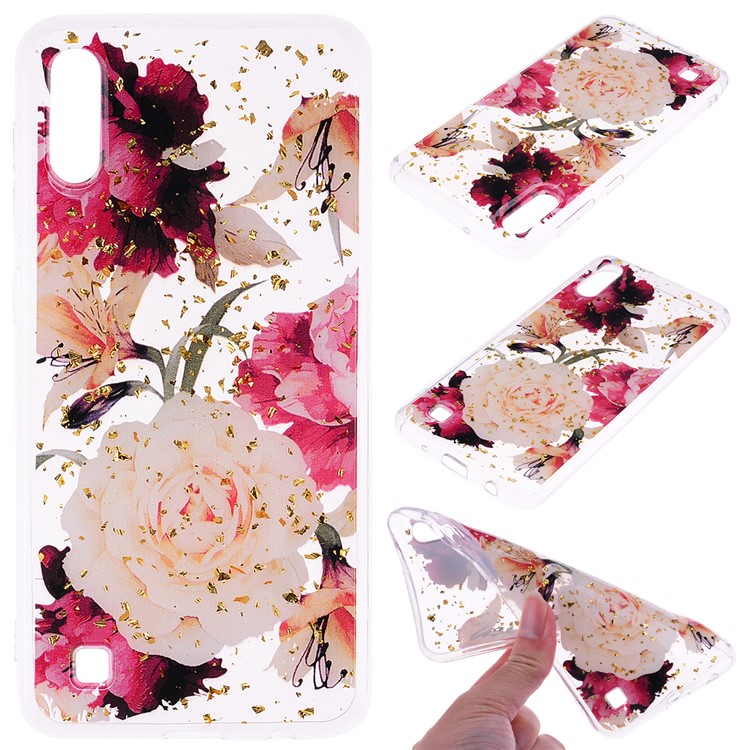 Glitter Sequins Inlaid Patterned TPU Phone Cover for Samsung Galaxy A10 - Pretty Flowers-1