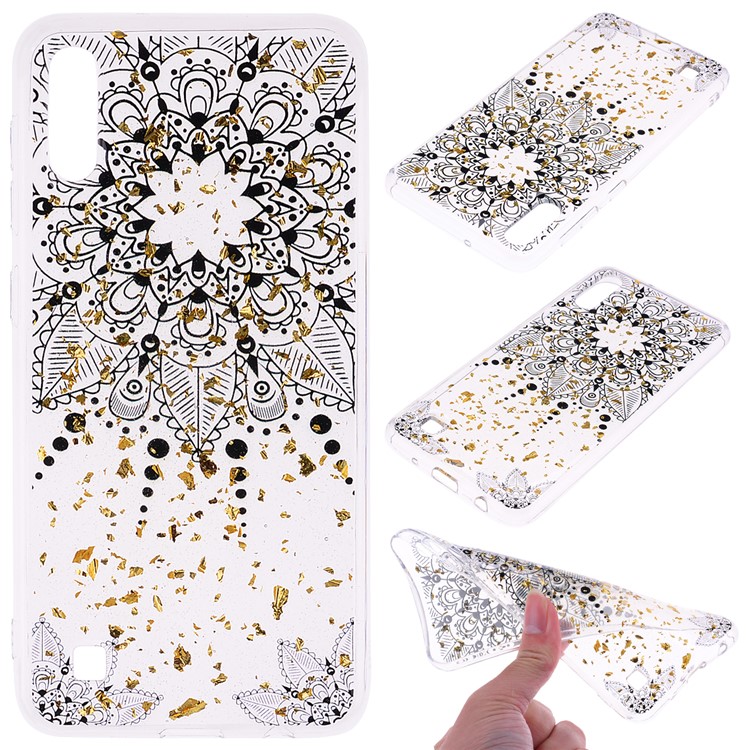 Glitter Sequins Inlaid Patterned TPU Phone Cover for Samsung Galaxy A10 - Black Flower-1
