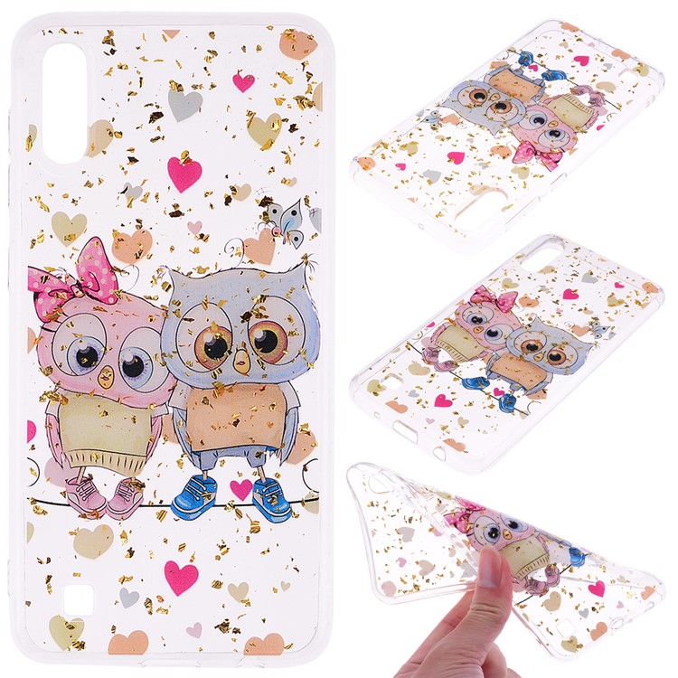 Glitter Sequins Inlaid Patterned TPU Phone Cover for Samsung Galaxy A10 - Owls-1