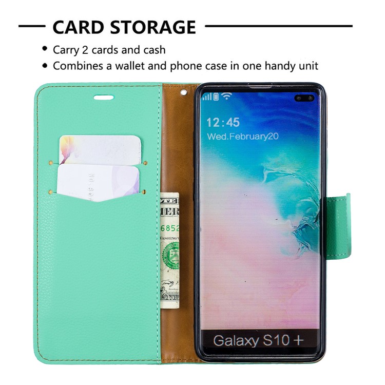 Lichia Pele PU Couro Stand Case Carteira Para Samsung Galaxy S10 Plus - Verde-6