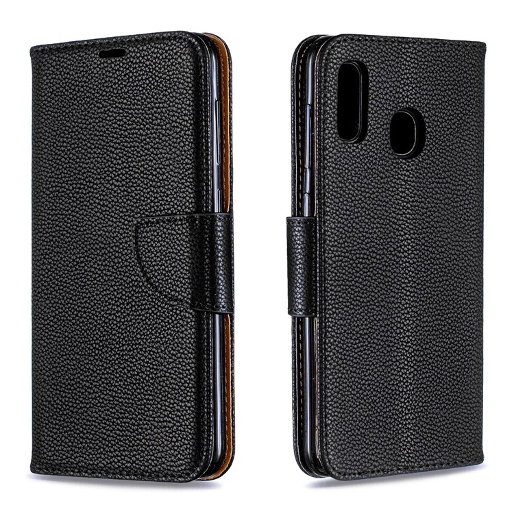 Caso Da Carteira Do Suporte Do Couro Do Plutônio Da Pele Do Lichi Para Galáxia A30 / A20 De Samsung - Preto-4