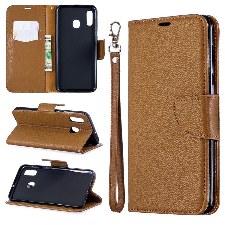 

Litchi Skin PU Leather Stand Wallet Case for Samsung Galaxy A30/A20 - Brown, Galaxy A30