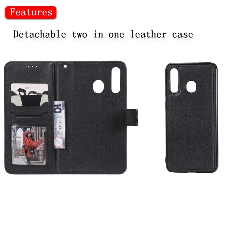 Magnetic KT Leather Series-3 Retalla de Cuero de Billetera 2 en 1 Desmontable Para Samsung Galaxy A50 / A30 / A20 - Negro