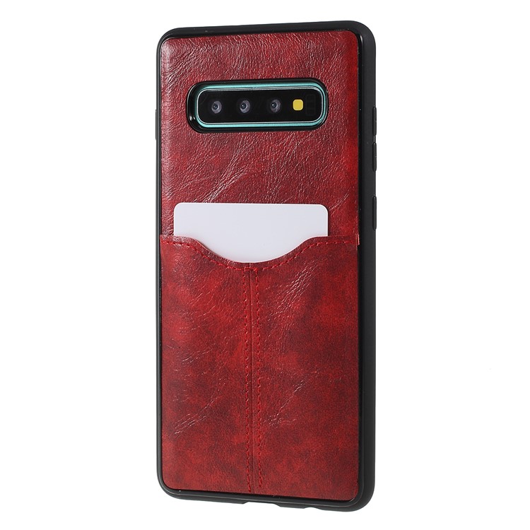 Business Card Slot PU Leather Coated TPU Mobile Phone Case for Samsung Galaxy S10 Plus - Red-2