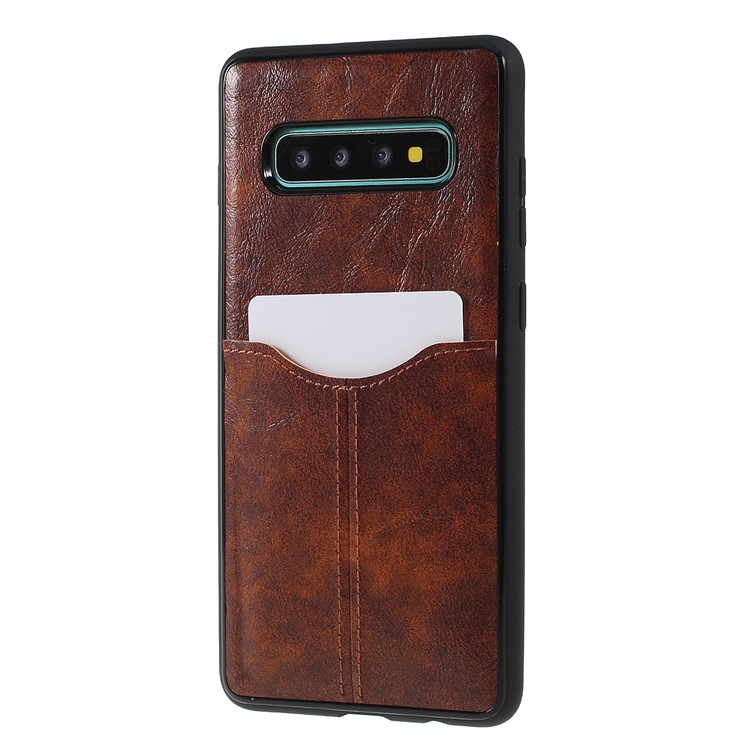 Business Card Slot PU Leather Coated TPU Mobile Phone Case for Samsung Galaxy S10 Plus - Coffee-2