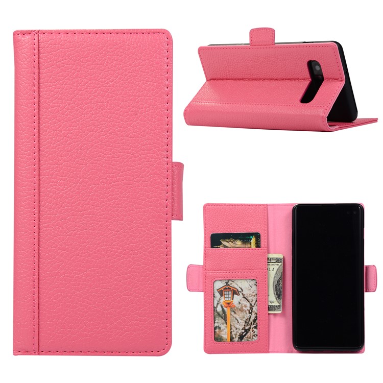 Litchi Texture Genuine Leather Wallet Stand Phone Case for Samsung Galaxy S10 - Rose-1