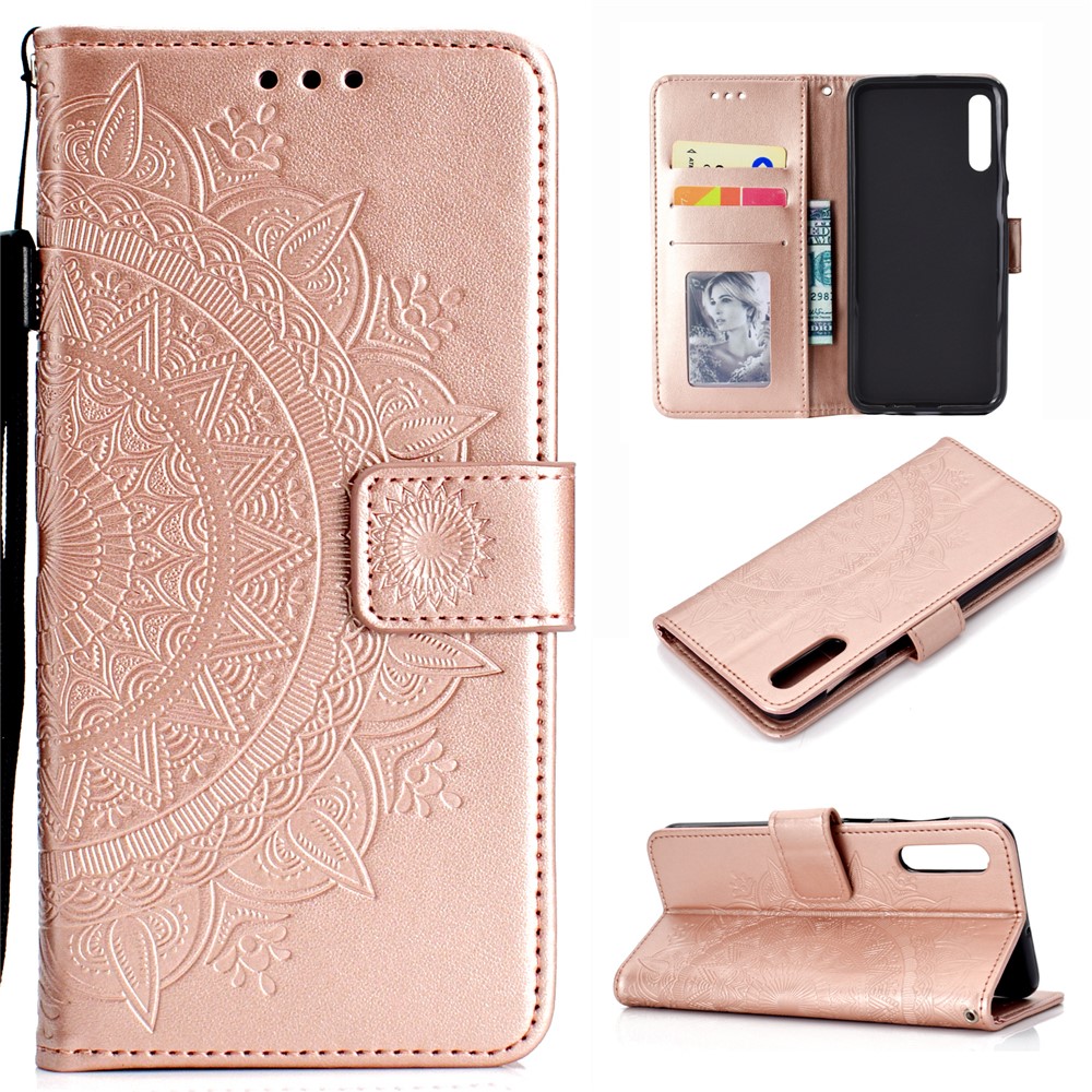 Custodia A Portafoglio In Pelle Fiore Stampa Per Samsung Galaxy A50 - Oro Rosa-1