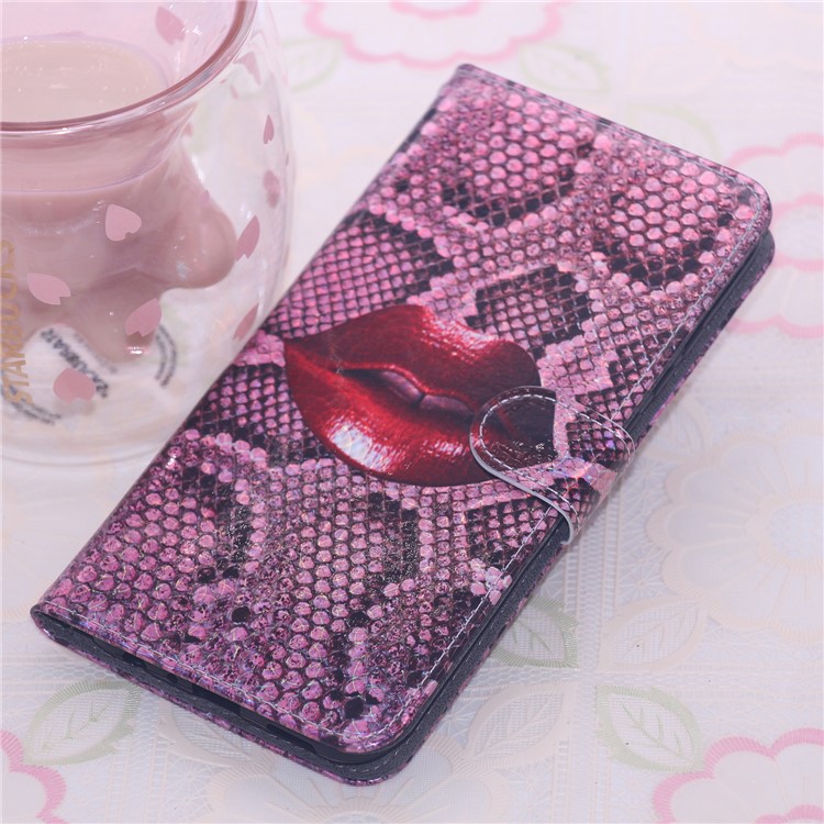 Laser Carving Pattern Printing Wallet Leather Case with Strap for Samsung Galaxy M20 - Red Lip-10