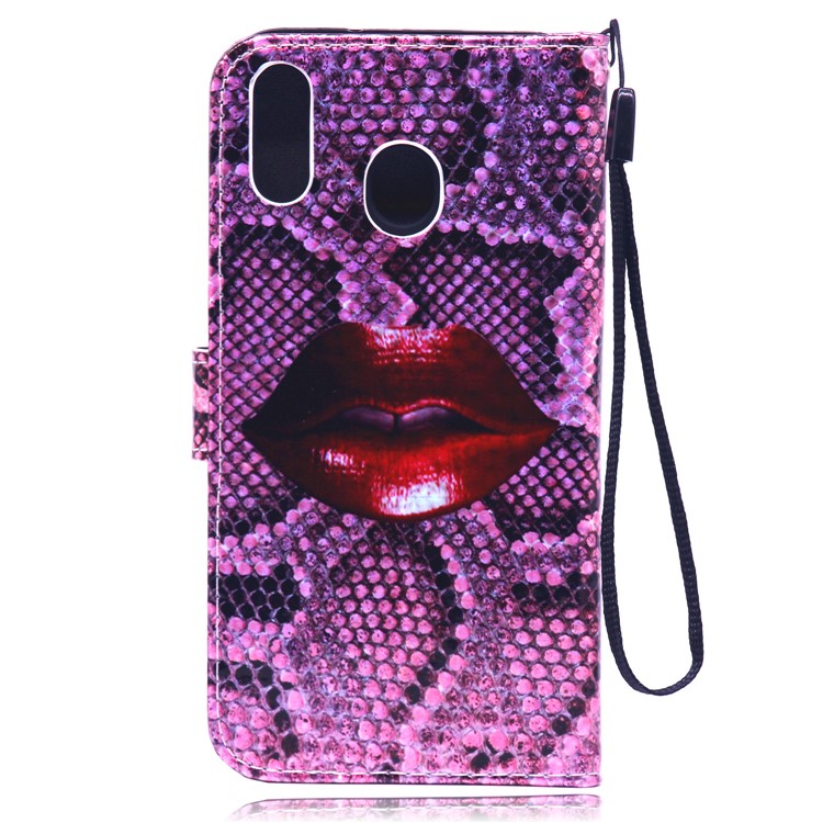 Laser Carving Pattern Printing Wallet Leather Case with Strap for Samsung Galaxy M20 - Red Lip-3