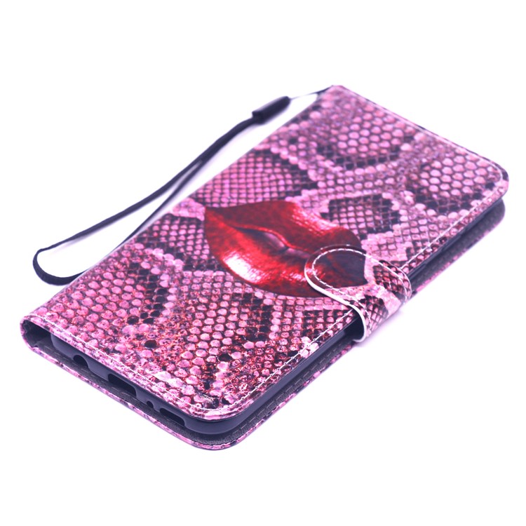 Laser Carving Pattern Printing Wallet Leather Case with Strap for Samsung Galaxy M20 - Red Lip-4