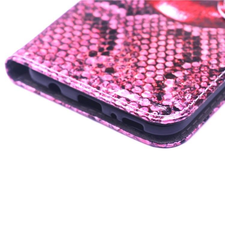 Laser Carving Pattern Printing Wallet Leather Case with Strap for Samsung Galaxy M20 - Red Lip-6