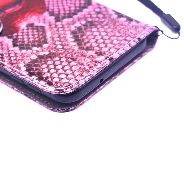 Laser Carving Pattern Printing Wallet Leather Case with Strap for Samsung Galaxy M20 - Red Lip-7