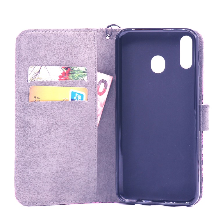 Laser Carving Pattern Printing Wallet Leather Case with Strap for Samsung Galaxy M20 - Red Lip-8