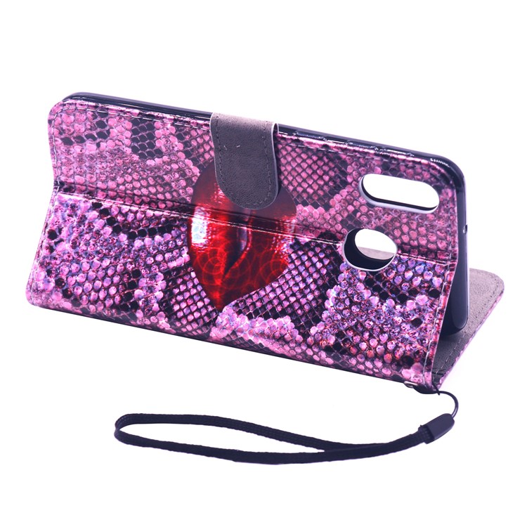 Laser Carving Pattern Printing Wallet Leather Case with Strap for Samsung Galaxy M20 - Red Lip-9