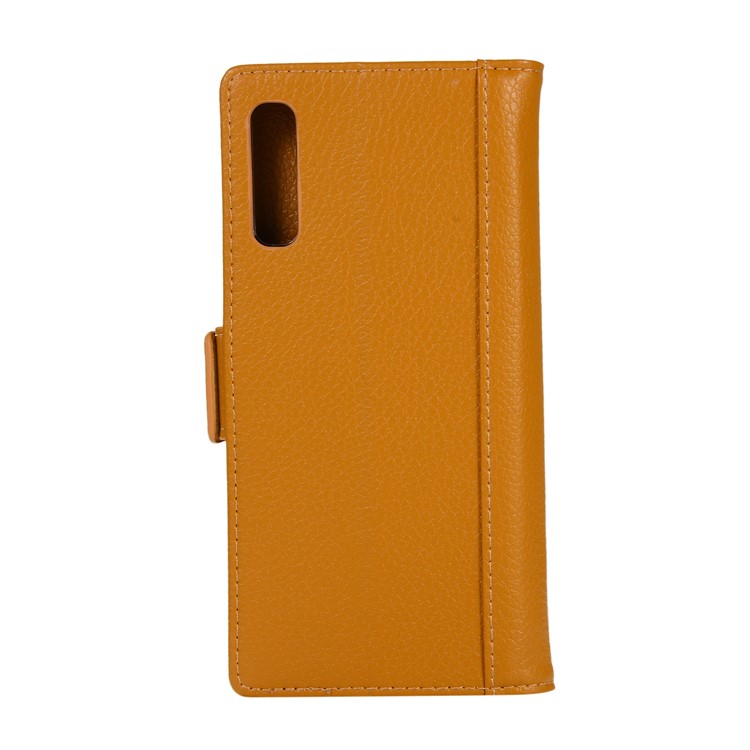 Litchi Texture Genuine Leather Wallet Stand Phone Cover for Samsung Galaxy A50 - Yellow-2