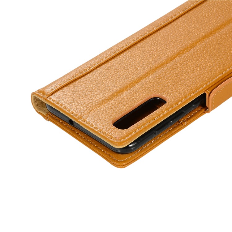 Litchi Texture Genuine Leather Wallet Stand Phone Cover for Samsung Galaxy A50 - Yellow-5