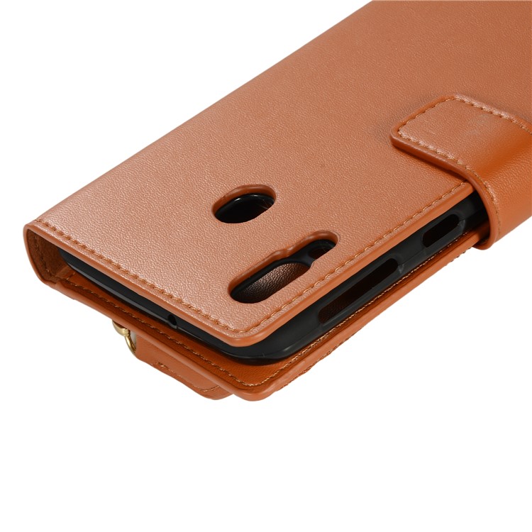 Genuine Leather Wallet Phone Case with Zipper Pocket for Samsung Galaxy M20 - Brown-5