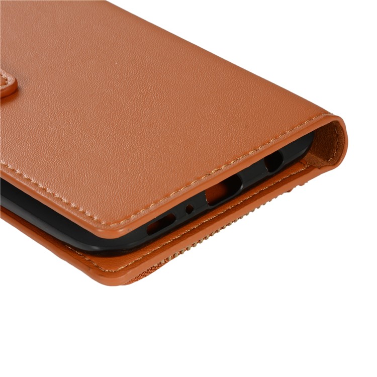 Genuine Leather Wallet Phone Case with Zipper Pocket for Samsung Galaxy M20 - Brown-6