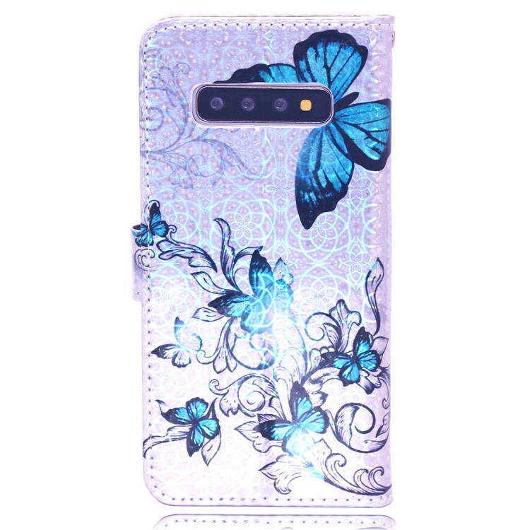 Laser Carving Pattern Printing Wallet Leather Case with Strap for Samsung Galaxy S10 - Blue Butterfly-3