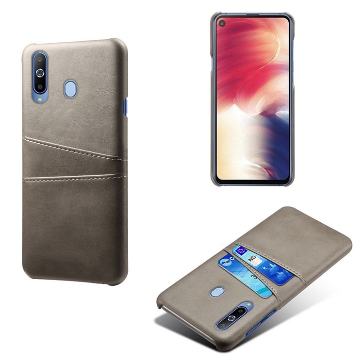 Double Card Slots PU Leather Coated PC Case for Samsung Galaxy A60 - Grey-1