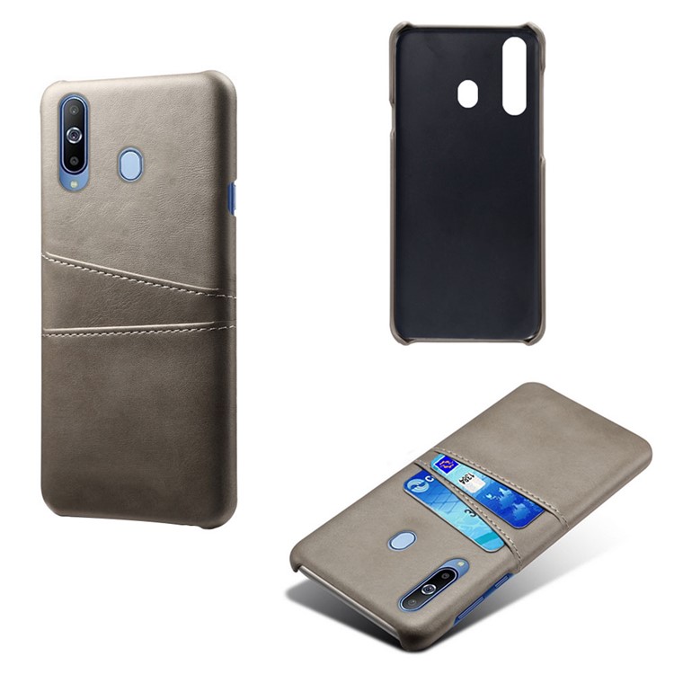 Double Card Slots PU Leather Coated PC Case for Samsung Galaxy A60 - Grey-4