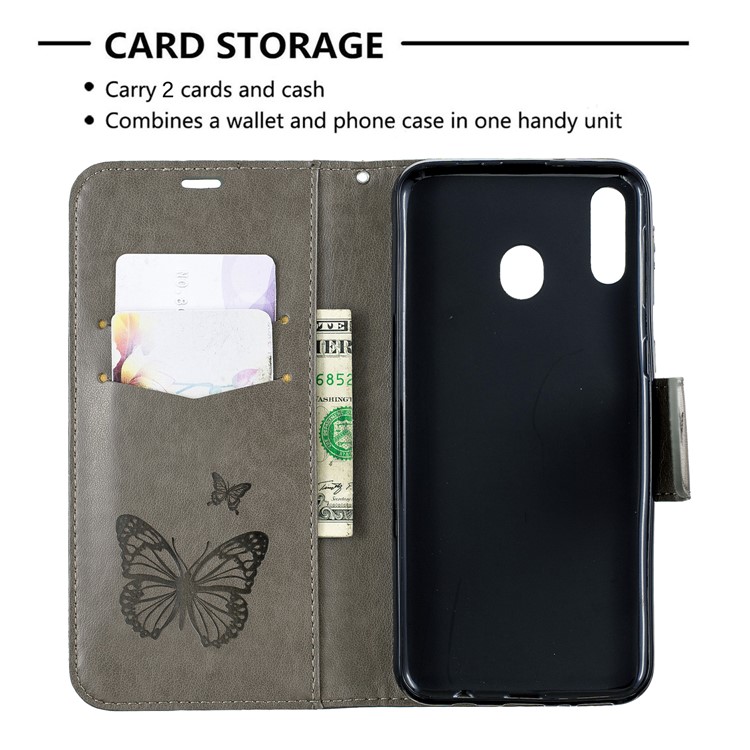 Imprint Butterfly Leather Wallet Phone Case Cover for Samsung Galaxy M20 - Grey-6