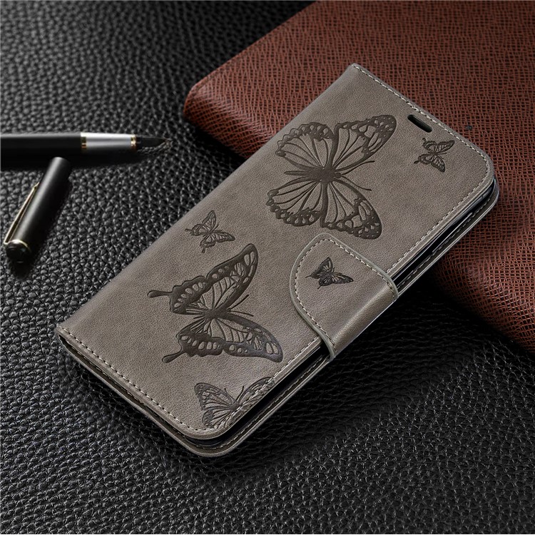 Imprint Butterfly Leather Wallet Phone Case Cover for Samsung Galaxy M20 - Grey-7