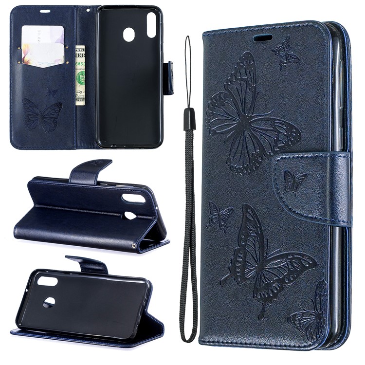 Imprint Butterfly Leather Wallet Phone Case Cover for Samsung Galaxy M20 - Blue-1