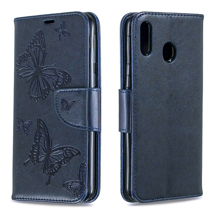 Imprint Butterfly Leather Wallet Phone Case Cover for Samsung Galaxy M20 - Blue-4