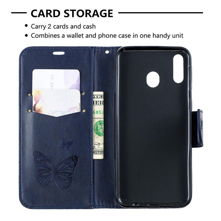 Imprint Butterfly Leather Wallet Phone Case Cover for Samsung Galaxy M20 - Blue-6