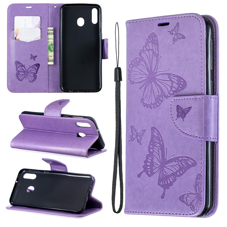 Imprint Butterfly Leather Wallet Phone Case Cover for Samsung Galaxy M20 - Purple-1