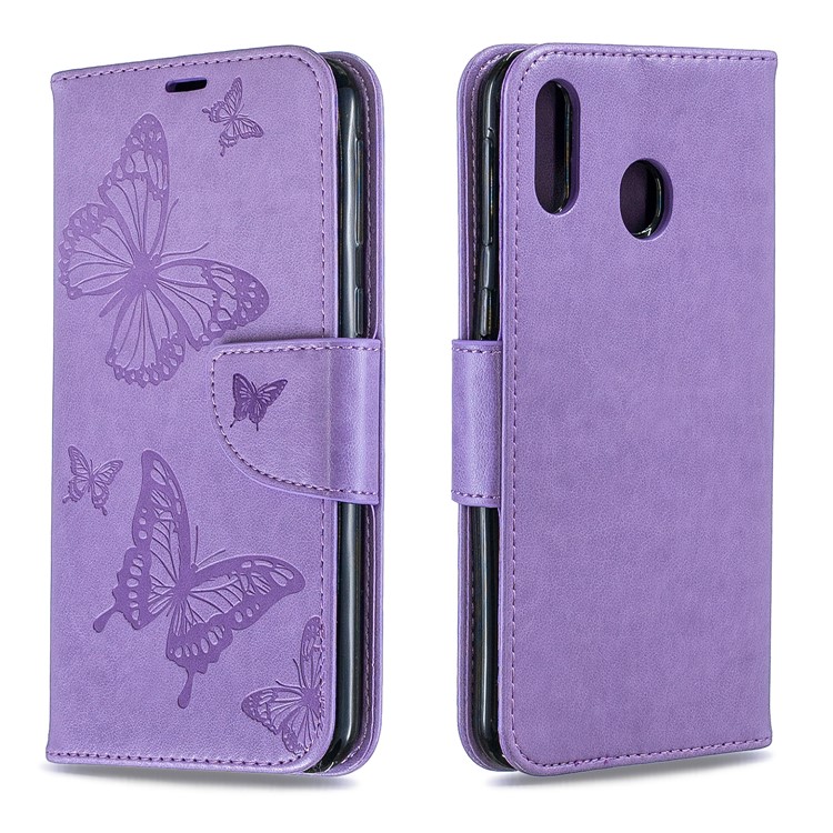 Imprint Butterfly Leather Wallet Phone Case Cover for Samsung Galaxy M20 - Purple-4