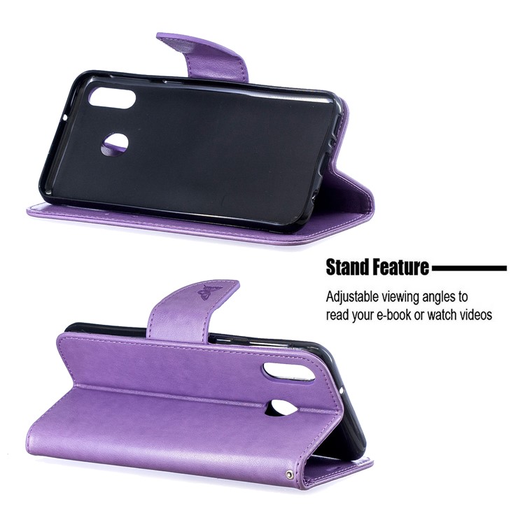 Imprint Butterfly Leather Wallet Phone Case Cover for Samsung Galaxy M20 - Purple-5