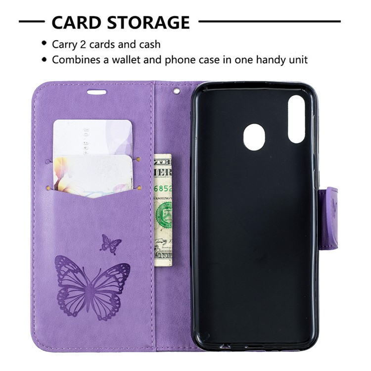 Imprint Butterfly Leather Wallet Phone Case Cover for Samsung Galaxy M20 - Purple-6