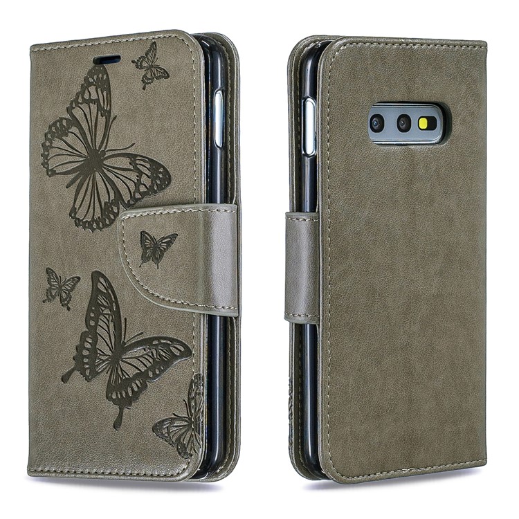 For Samsung Galaxy S10e PU Leather Imprint Butterflies Phone Case - Grey-4