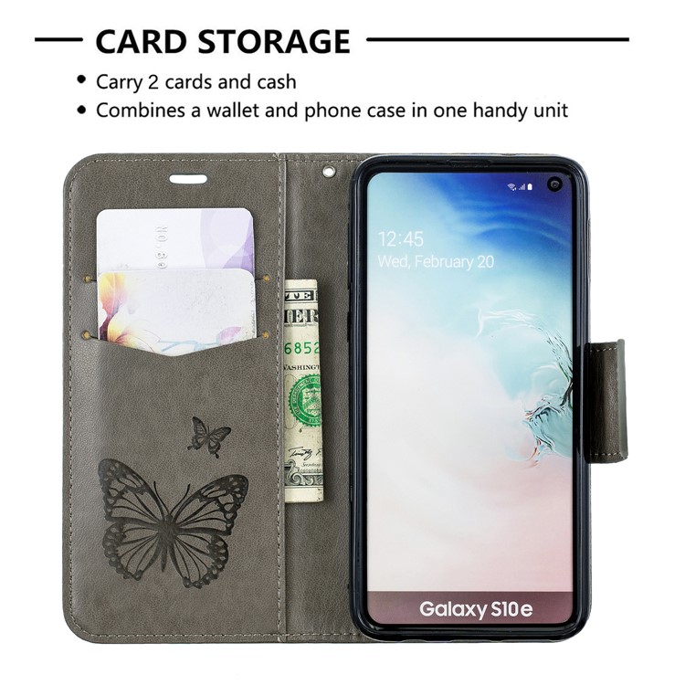 For Samsung Galaxy S10e PU Leather Imprint Butterflies Phone Case - Grey-6