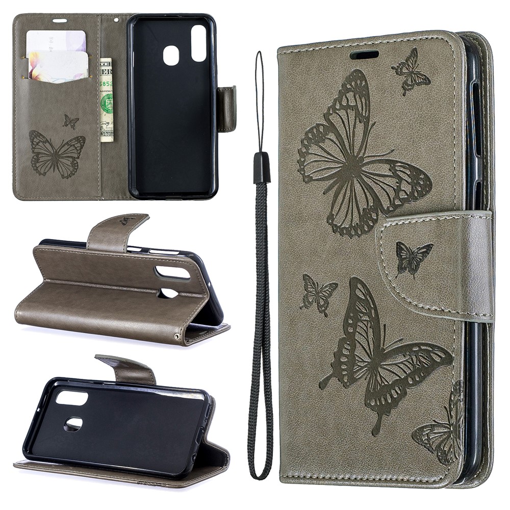 For Samsung Galaxy A40 PU Leather Imprint Butterflies Phone Case - Grey-1