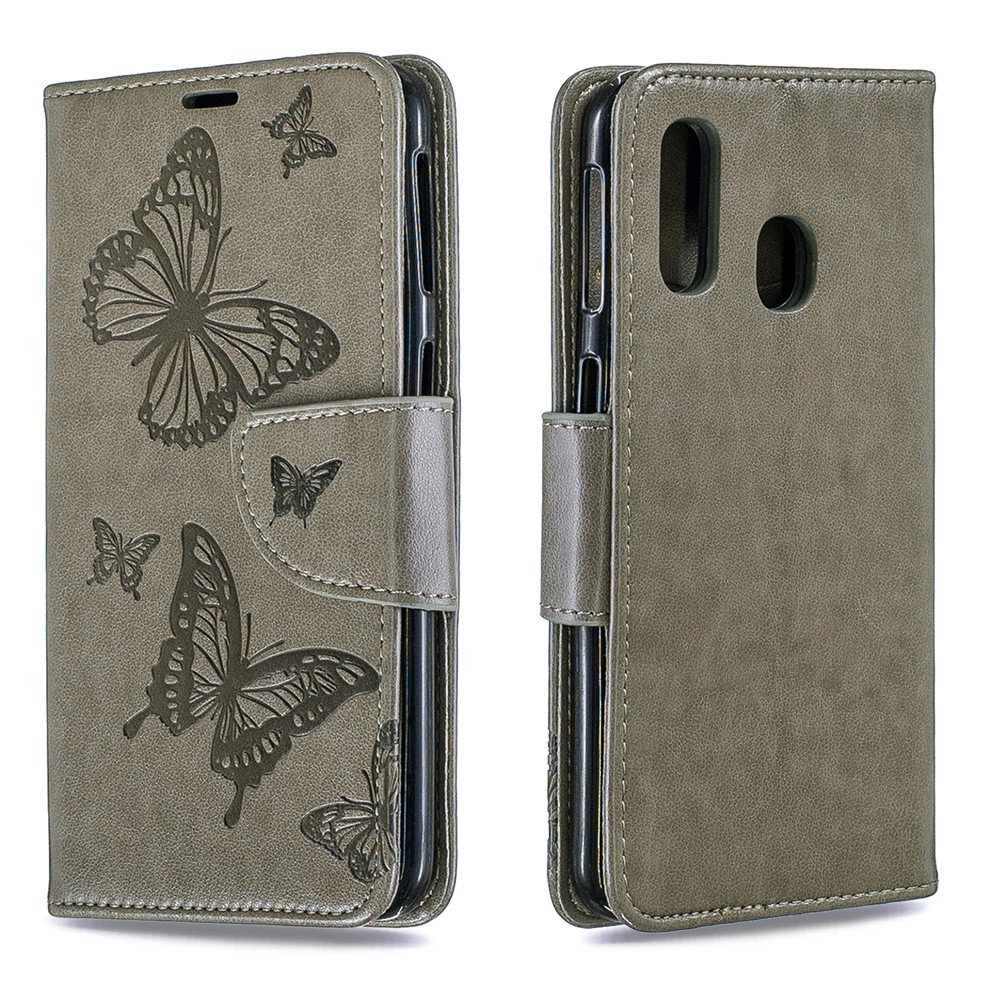 For Samsung Galaxy A40 PU Leather Imprint Butterflies Phone Case - Grey-4