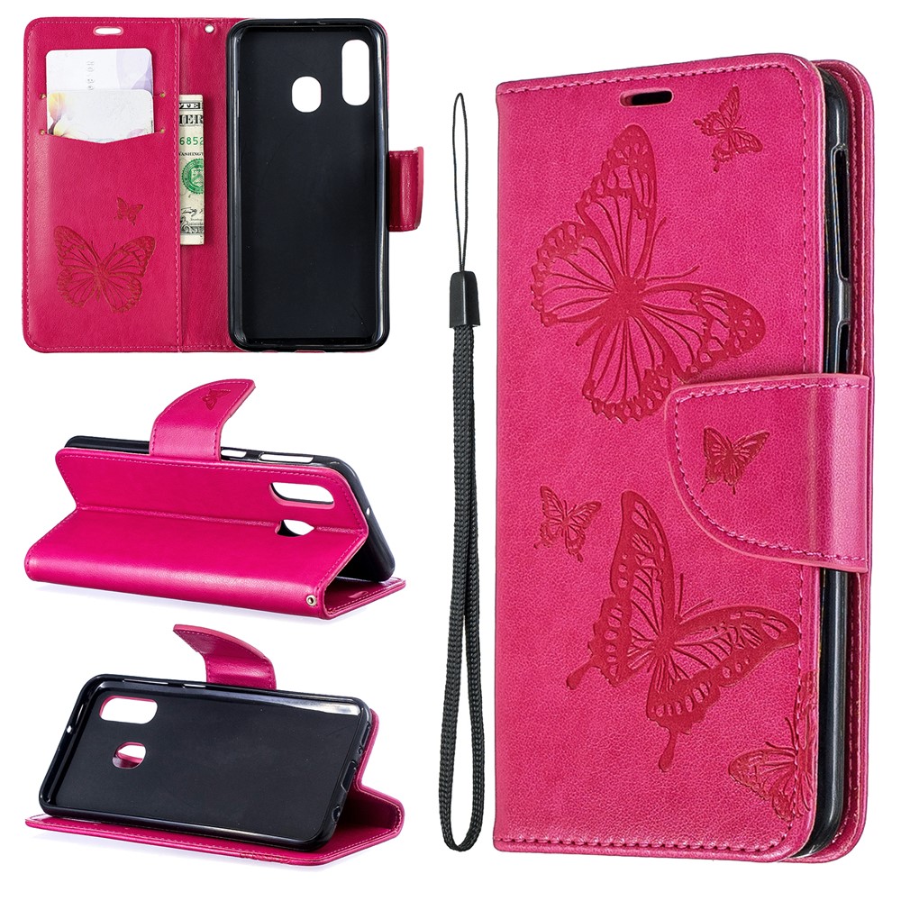 For Samsung Galaxy A40 PU Leather Imprint Butterflies Phone Case - Rose-1