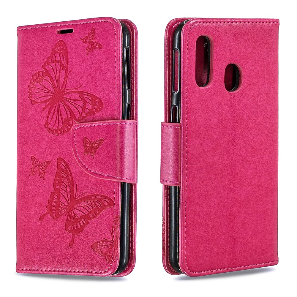 For Samsung Galaxy A40 PU Leather Imprint Butterflies Phone Case - Rose-4