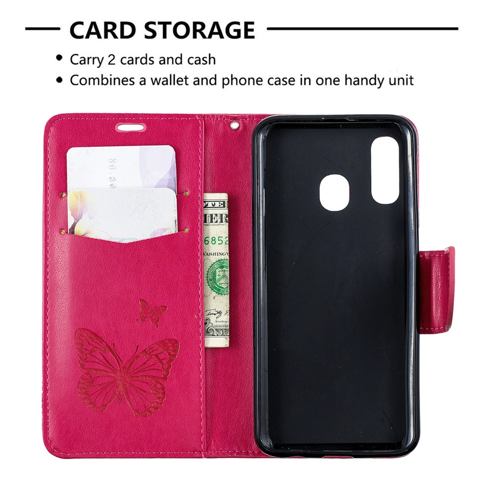 For Samsung Galaxy A40 PU Leather Imprint Butterflies Phone Case - Rose-6