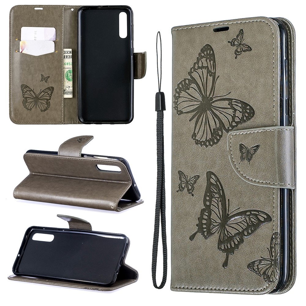 For Samsung Galaxy A50 PU Leather Imprint Butterflies Phone Case - Grey-1