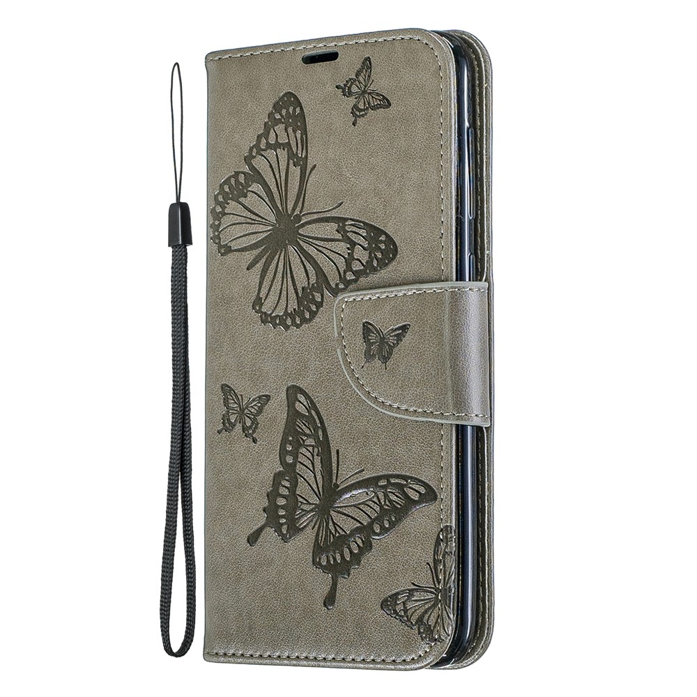 For Samsung Galaxy A50 PU Leather Imprint Butterflies Phone Case - Grey-2