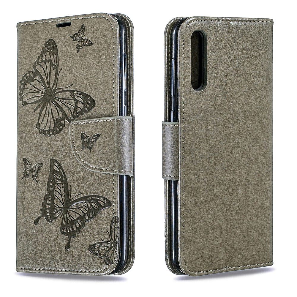 For Samsung Galaxy A50 PU Leather Imprint Butterflies Phone Case - Grey-4