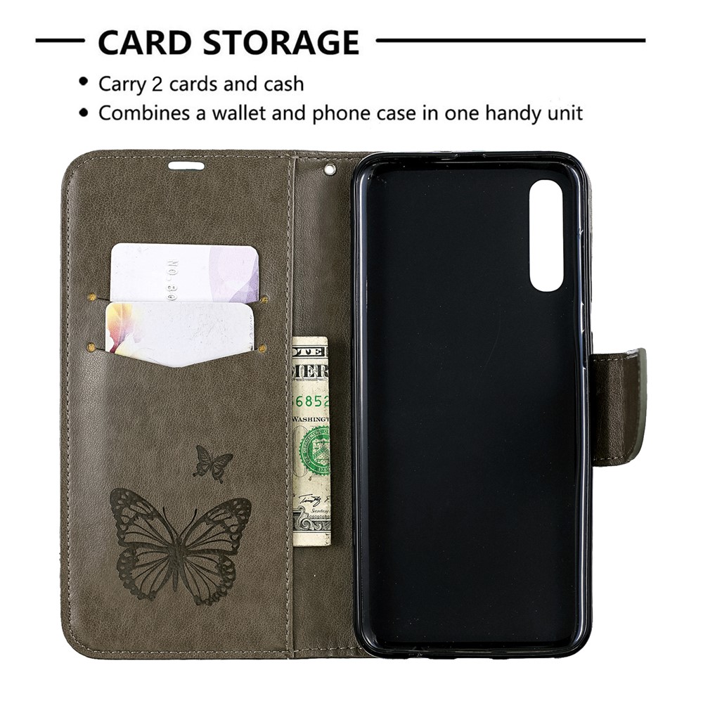 For Samsung Galaxy A50 PU Leather Imprint Butterflies Phone Case - Grey-6